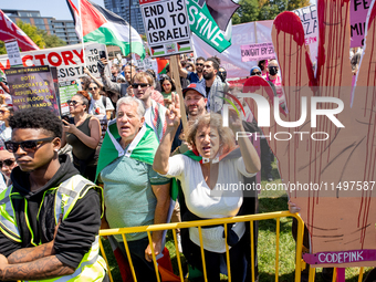 Thousands are marching outside the DNC in Chicago, Illinois, on August 19, 2024, to protest the war on Gaza. At the end of the march, a grou...