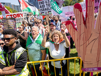 Thousands are marching outside the DNC in Chicago, Illinois, on August 19, 2024, to protest the war on Gaza. At the end of the march, a grou...