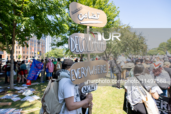 Thousands are marching outside the DNC in Chicago, Illinois, on August 19, 2024, to protest the war on Gaza. At the end of the march, a grou...