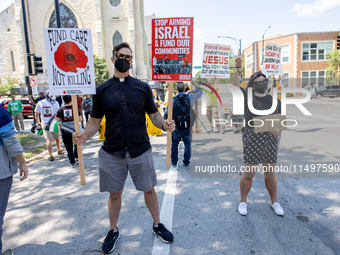 Thousands are marching outside the DNC in Chicago, Illinois, on August 19, 2024, to protest the war on Gaza. At the end of the march, a grou...