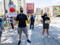 Thousands are marching outside the DNC in Chicago, Illinois, on August 19, 2024, to protest the war on Gaza. At the end of the march, a grou...