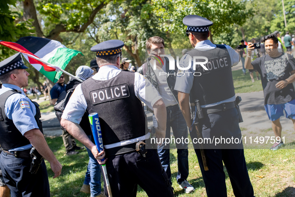 Thousands are marching outside the DNC in Chicago, Illinois, on August 19, 2024, to protest the war on Gaza. At the end of the march, a grou...