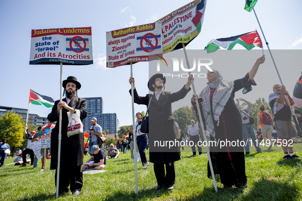 Thousands are marching outside the DNC in Chicago, Illinois, on August 19, 2024, to protest the war on Gaza. At the end of the march, a grou...