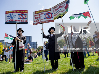 Thousands are marching outside the DNC in Chicago, Illinois, on August 19, 2024, to protest the war on Gaza. At the end of the march, a grou...