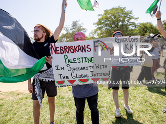 Thousands are marching outside the DNC in Chicago, Illinois, on August 19, 2024, to protest the war on Gaza. At the end of the march, a grou...