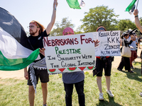 Thousands are marching outside the DNC in Chicago, Illinois, on August 19, 2024, to protest the war on Gaza. At the end of the march, a grou...