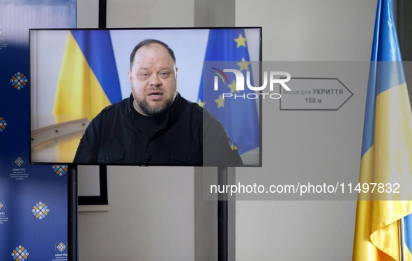 In Kropyvnytskyi, Ukraine, on August 20, 2024, an address by Speaker of the Verkhovna Rada of Ukraine Ruslan Stefanchuk is broadcast during...