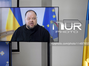 In Kropyvnytskyi, Ukraine, on August 20, 2024, an address by Speaker of the Verkhovna Rada of Ukraine Ruslan Stefanchuk is broadcast during...