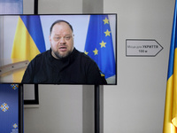 In Kropyvnytskyi, Ukraine, on August 20, 2024, an address by Speaker of the Verkhovna Rada of Ukraine Ruslan Stefanchuk is broadcast during...