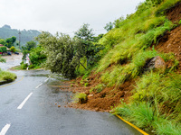 Roadblocks caused by landslides due to heavy rainfall in Kathmandu, Nepal, on August 21, 2024. (