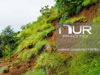 Roadblocks caused by landslides due to heavy rainfall in Kathmandu, Nepal, on August 21, 2024. (