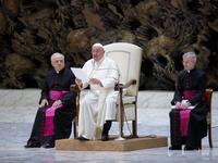 Pope Francis delivers his message during the weekly general audience at the Vatican, on August 21, 2024. (