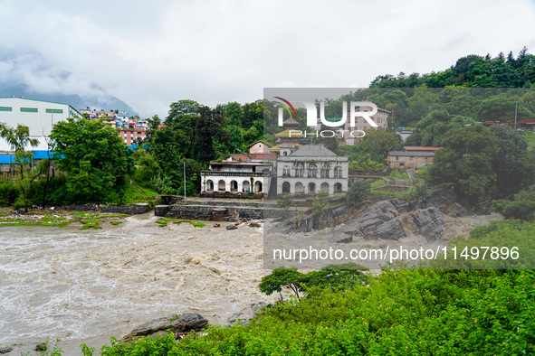 Bagmati River floods and affects riverbanks during heavy rainfall in Kathmandu, Nepal, on August 21, 2024 