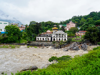 Bagmati River floods and affects riverbanks during heavy rainfall in Kathmandu, Nepal, on August 21, 2024 (