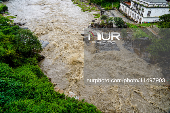 Bagmati River floods and affects riverbanks during heavy rainfall in Kathmandu, Nepal, on August 21, 2024 