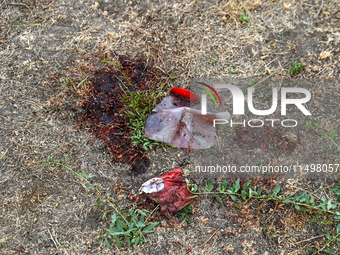 A blood-stained occlusive dressing lies on the ground near the Levada children's cafe in the central park destroyed by a Russian artillery s...