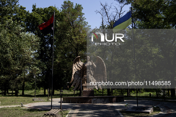 A monument to Ukrainian soldiers who die in a battle with the Russian occupiers in the almost deserted town of Bilopillia in Sumy region nea...