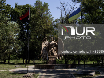 A monument to Ukrainian soldiers who die in a battle with the Russian occupiers in the almost deserted town of Bilopillia in Sumy region nea...