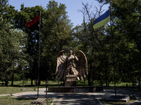 A monument to Ukrainian soldiers who die in a battle with the Russian occupiers in the almost deserted town of Bilopillia in Sumy region nea...