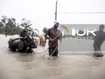 Pedestrians walk through flooded roads in the Munsirhat area of Feni district of Chittagong Division, Bangladesh, wading through water up to...