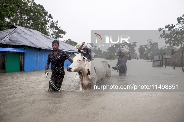 Pedestrians walk through flooded roads in the Munsirhat area of Feni district of Chittagong Division, Bangladesh, wading through water up to...