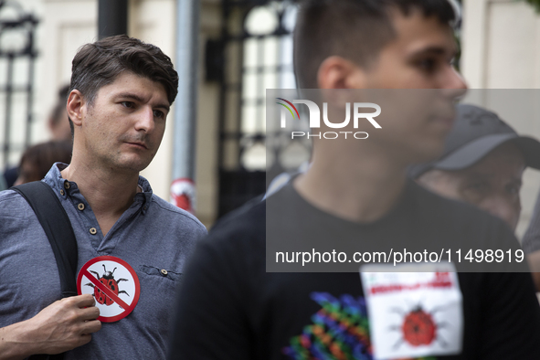 Protesters march and blockade the key intersection Eagle's Bridge in Sofia, Bulgaria, on August 21, 2024, demanding the resignation of caret...