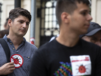 Protesters march and blockade the key intersection Eagle's Bridge in Sofia, Bulgaria, on August 21, 2024, demanding the resignation of caret...