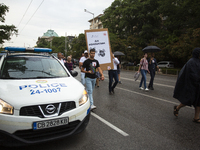 Protesters march and blockade the key intersection Eagle's Bridge in Sofia, Bulgaria, on August 21, 2024, demanding the resignation of caret...