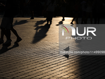 People during sunset are seen on the Main Square in Krakow, Poland, on August 13, 2024. (