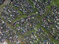 An aerial photo taken on August 22, 2024, shows a large number of cars and motorcycles waiting to be dismantled at a scrap point for discard...