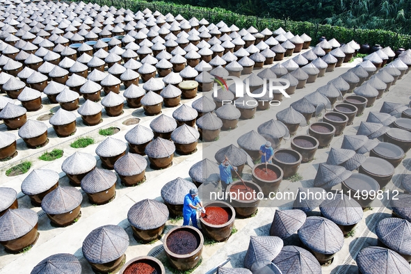 Workers use a wooden rake to turn sauces at the old soy sauce natural drying sauce shop in Yanhe Village, Rucheng Street, Rugao city, East C...