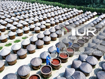 Workers use a wooden rake to turn sauces at the old soy sauce natural drying sauce shop in Yanhe Village, Rucheng Street, Rugao city, East C...