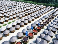 Workers use a wooden rake to turn sauces at the old soy sauce natural drying sauce shop in Yanhe Village, Rucheng Street, Rugao city, East C...