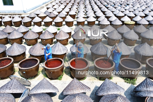 Workers use a wooden rake to turn sauces at the old soy sauce natural drying sauce shop in Yanhe Village, Rucheng Street, Rugao city, East C...