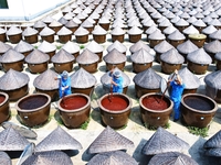 Workers use a wooden rake to turn sauces at the old soy sauce natural drying sauce shop in Yanhe Village, Rucheng Street, Rugao city, East C...