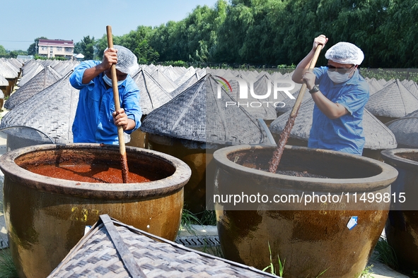 Workers use a wooden rake to turn sauces at the old soy sauce natural drying sauce shop in Yanhe Village, Rucheng Street, Rugao city, East C...