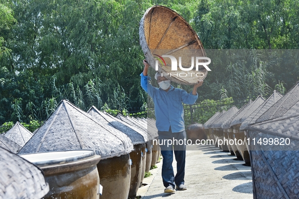 Workers use a wooden rake to turn sauces at the old soy sauce natural drying sauce shop in Yanhe Village, Rucheng Street, Rugao city, East C...