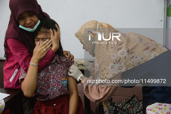 A health worker injects a dose of the Human Papilloma Virus (HPV) vaccine into a schoolgirl's arm during the Immunization Month for School C...