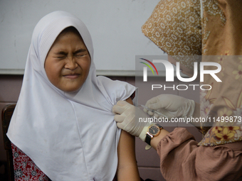 A schoolgirl receives a dose of the Human Papilloma Virus (HPV) vaccine during the Immunization Month for School Children (BIAS) 2024 at an...