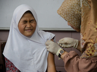 A schoolgirl receives a dose of the Human Papilloma Virus (HPV) vaccine during the Immunization Month for School Children (BIAS) 2024 at an...