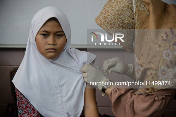 A schoolgirl receives a dose of the Human Papilloma Virus (HPV) vaccine during the Immunization Month for School Children (BIAS) 2024 at an...