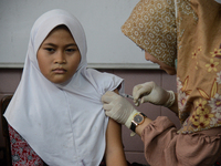 A schoolgirl receives a dose of the Human Papilloma Virus (HPV) vaccine during the Immunization Month for School Children (BIAS) 2024 at an...