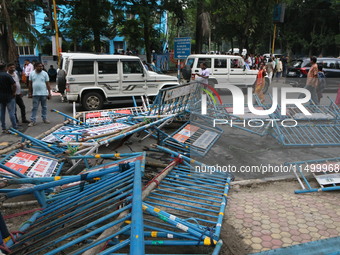 Bharatiya Janata Party (BJP) participates in a protest rally marching to the Health Headquarters and crosses the police barricade in protest...