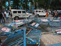 Bharatiya Janata Party (BJP) participates in a protest rally marching to the Health Headquarters and crosses the police barricade in protest...