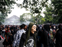 A protester wears a Money Heist mask during a protest against the revision of the Regional Head Election Bill (RUU) in front of the West Jav...