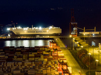 HOEGH AURORA, the world's largest and most environmentally friendly vehicle carrier, docks at Taicang Port Area to load vehicles on its maid...