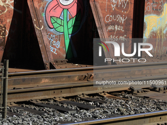 Graffiti shows on a bridge along the rail corridor through the Brampton Innovation District that Canadian National Railway operates in Ontar...