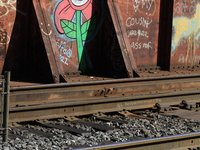 Graffiti shows on a bridge along the rail corridor through the Brampton Innovation District that Canadian National Railway operates in Ontar...