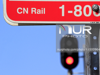 A CN Rail sign shows in front of a red signal light at a level crossing on the same rail corridor through the Brampton Innovation District t...