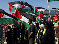 Pro-Palestinian protesters demonstrate at the Chicago Transit Authority (CTA) subway platform on the Damen Avenue/Lake Street station during...